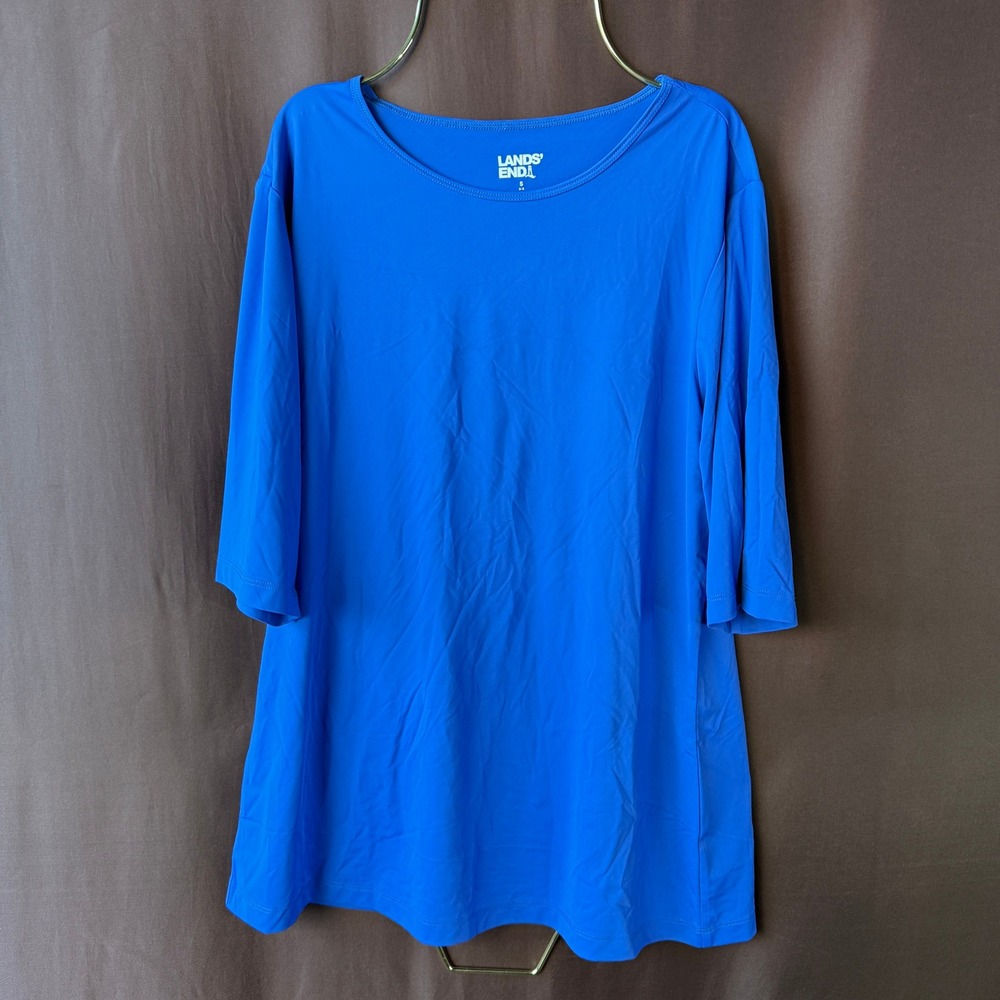 Lands' End Women's S Electric Blue‎ Elbow Sleeve Swim Tee UPF 50 Rashguard